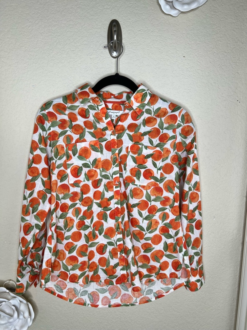 NTM Foxcroft NYC Citrus Orange Print Button Down Shirt 100% Cotton Petite 4